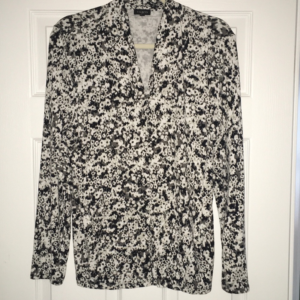 Talbots Black and White Floral V Neck Blouse